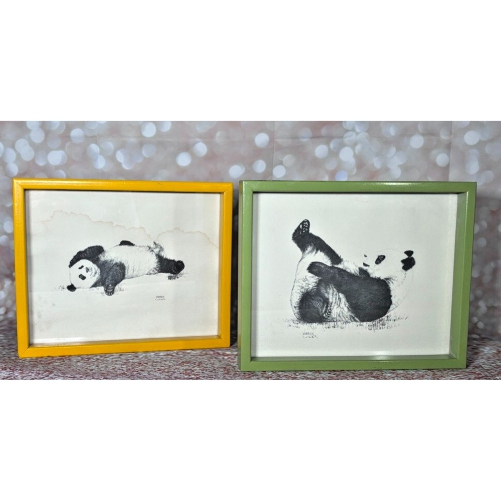 Set of 2 Framed Panda Art Prints Warren Cutler Yellow Green Frames Nursery Decor